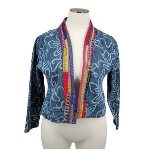 Chico's Blue Jean Denim Jacket with Multicolor Trim Bleached Floral Pattern